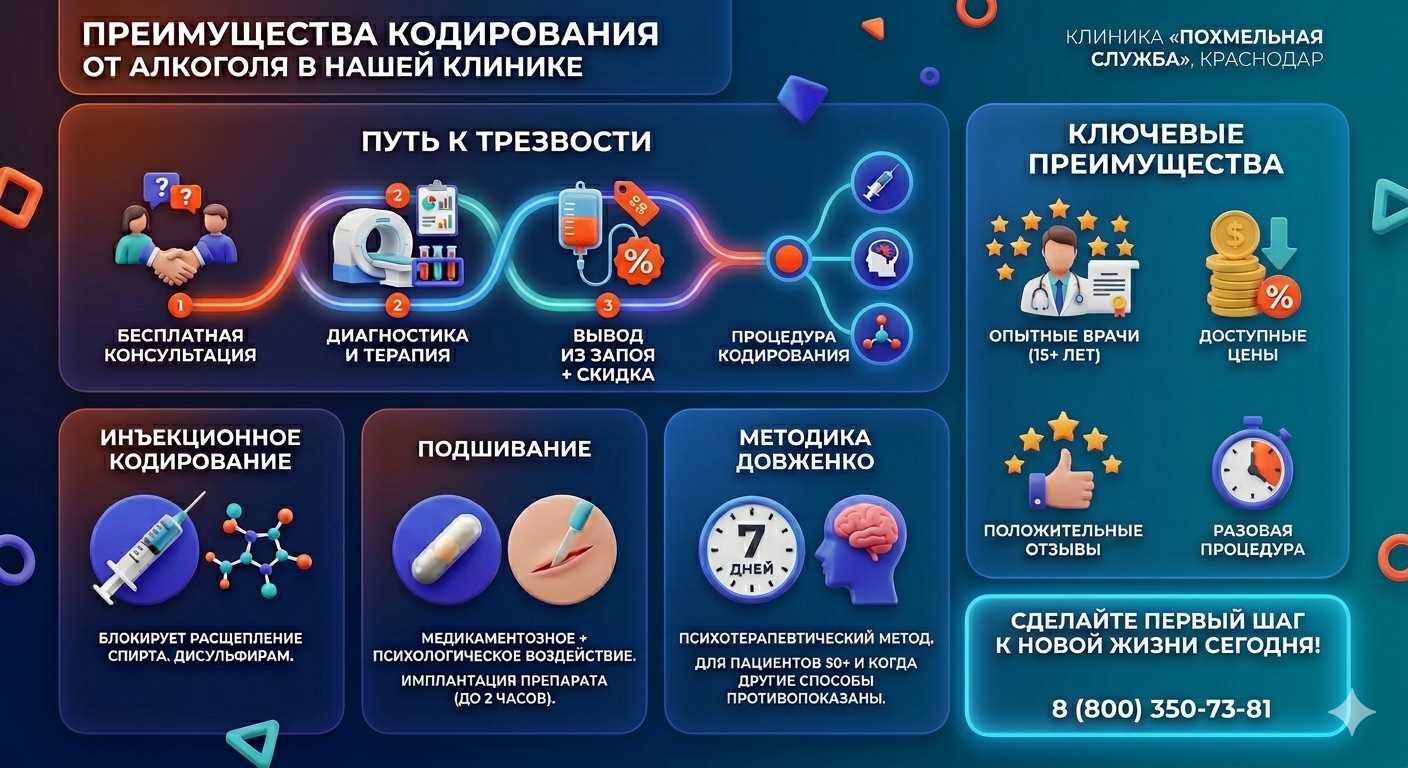 Инфографика о методах кодирования от алкоголя в Красной Яруге: инъекции, подшивание, метод Довженко. Преимущества клиники и этапы лечения.