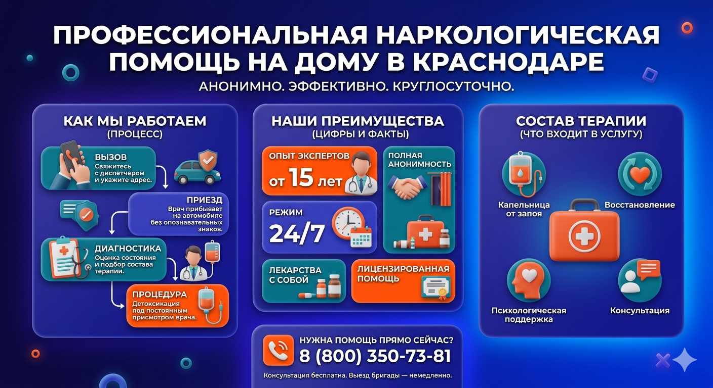 Инфографика о принципах лечения алкоголизма на дому в Красной Яруге: этапы вызова нарколога, преимущества анонимной детоксикации и состав медицинской помощи.
